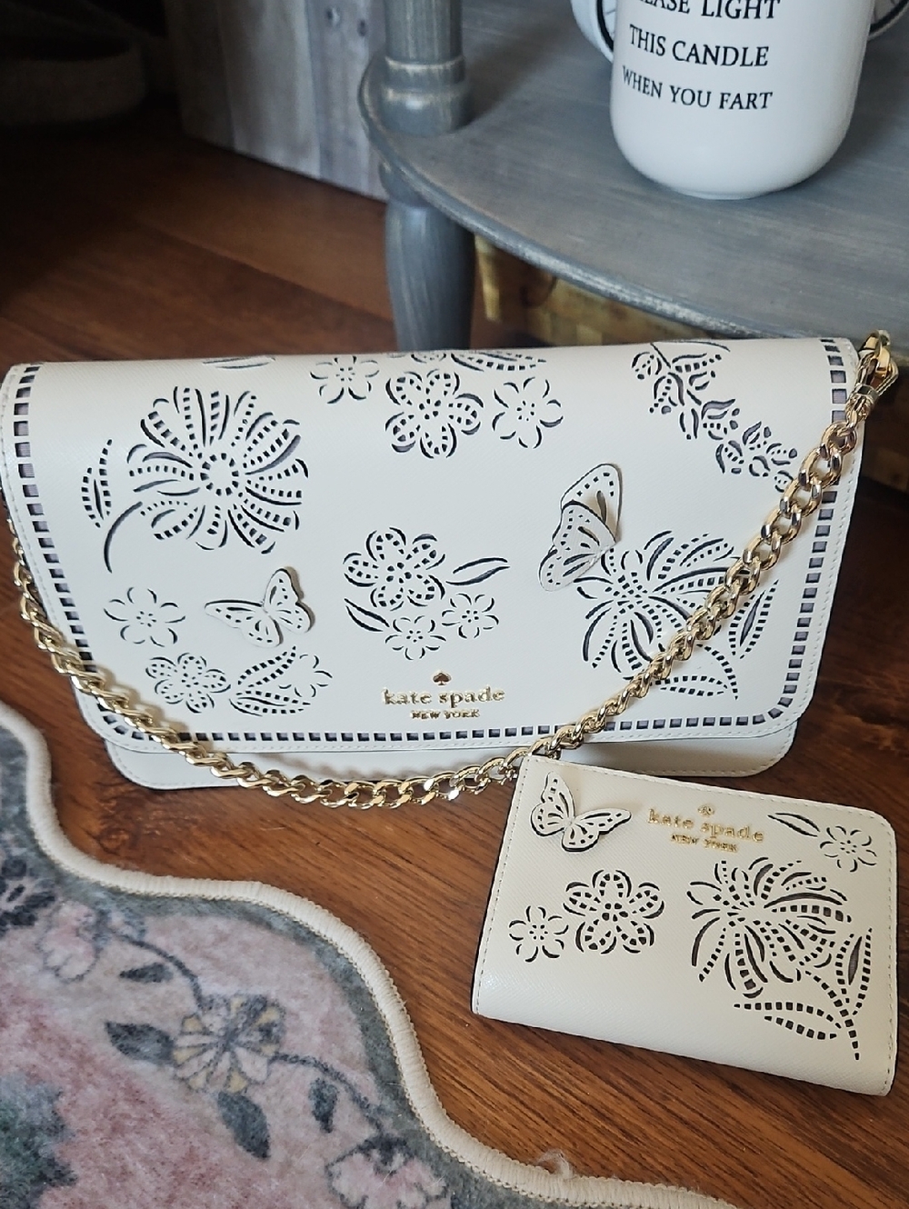 kate spade Cream Floral & Butterfly Perforated Chain Crossbody Bag